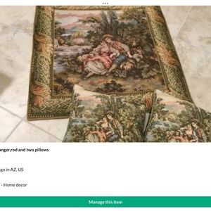 Victorian Tapestry wall hanging.2 pillows. Rod